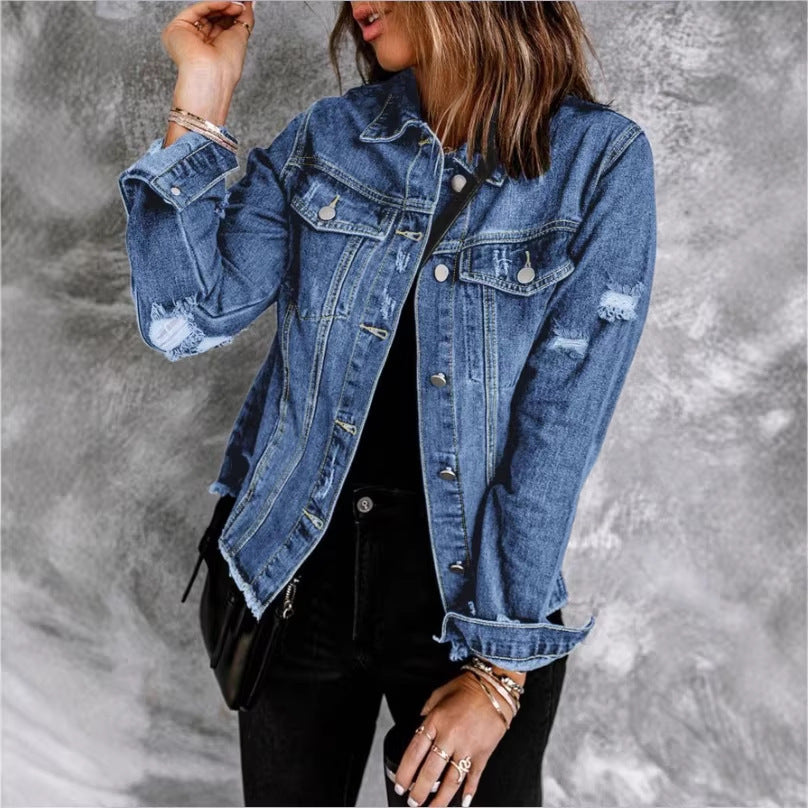 Women's denim jacket with casual destroyed sleeves and raw hem Amarae