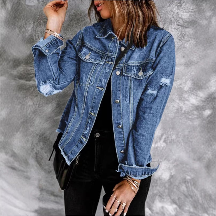 Women's denim jacket with casual destroyed sleeves and raw hem Amarae