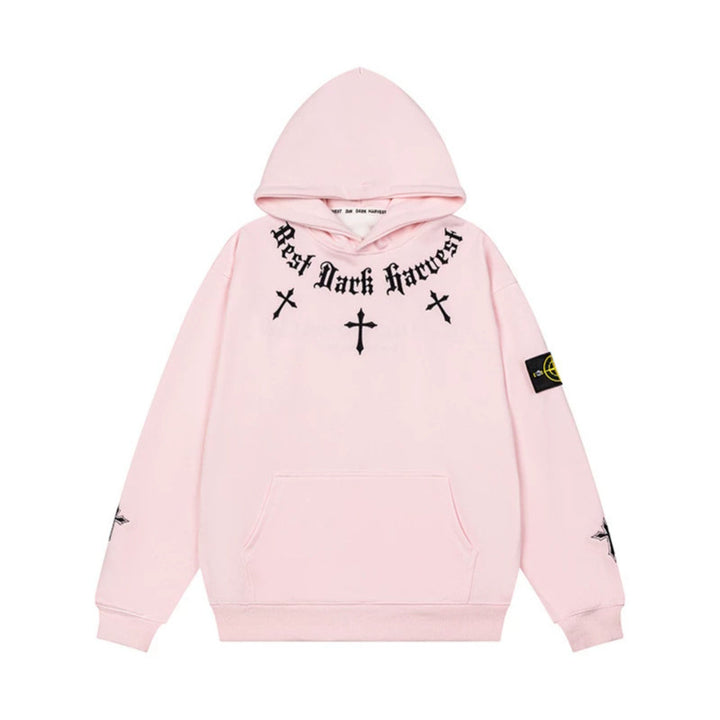 Unisex Oversize Hoodie with Gothic Cross Print, Kangaroo Pocket and Ribbed Cuffs Amarae