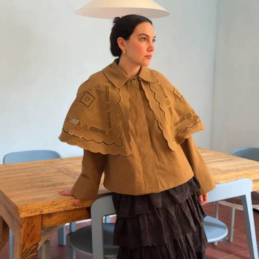 Women's short jacket with embroidered cape, eyelet embroidery and curved hem Amarae