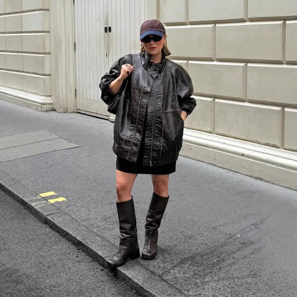 Women Oversize Faux Leather Coat with Distinct Decorative Seams and Stand-Up Collar Amarae