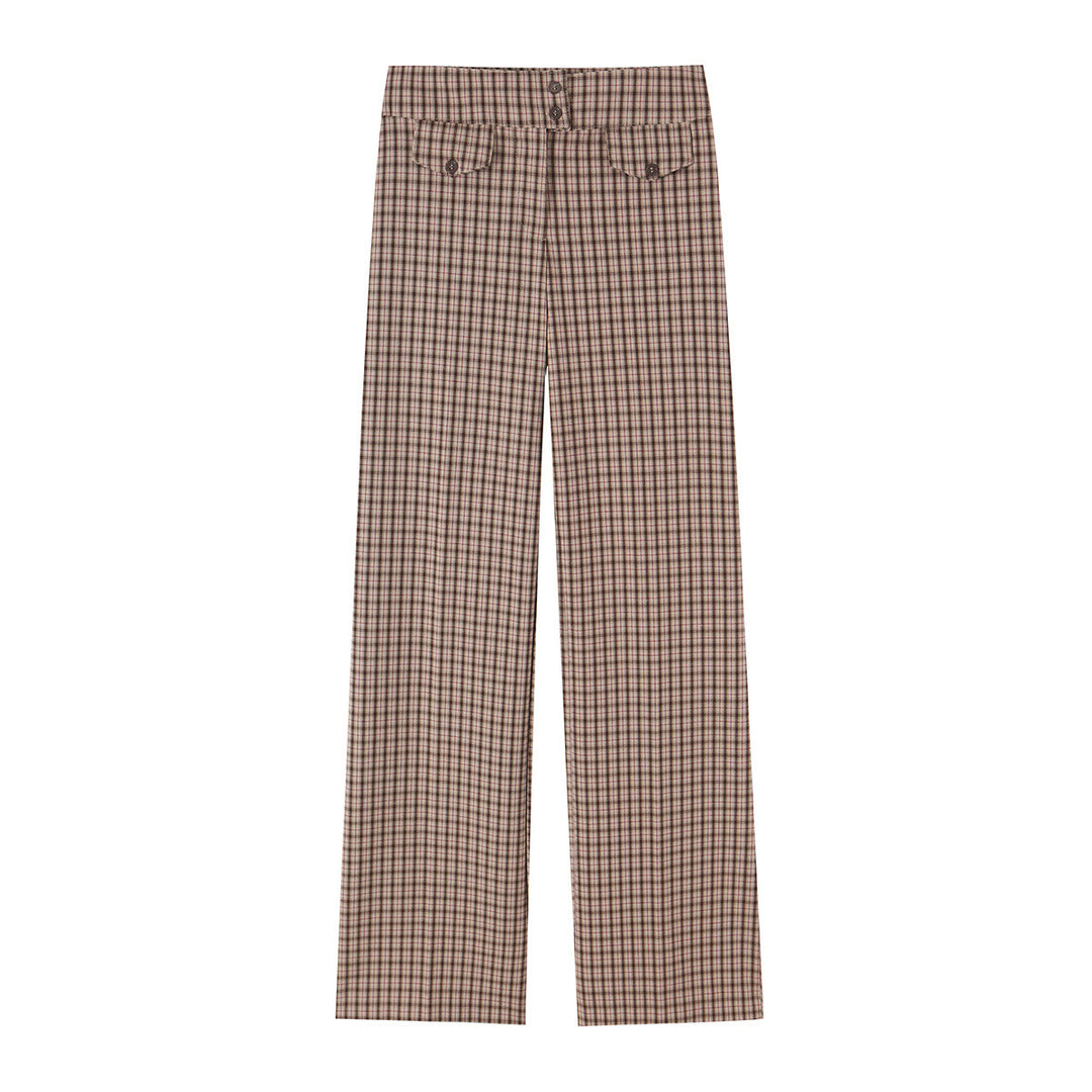 Women High-waisted wide fabric pants with check pattern and decorative flaps Amarae