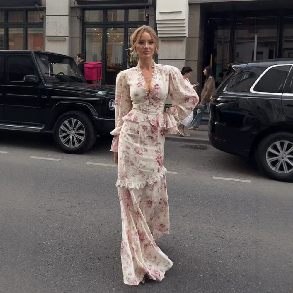 Women Flowing Floral Dress in Maxi Length with Puff Sleeves, Lace Trim and Mermaid Silhouette Amarae