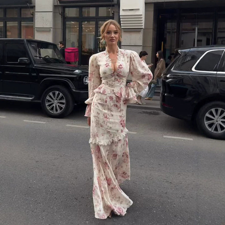 Women Flowing Floral Dress in Maxi Length with Puff Sleeves, Lace Trim and Mermaid Silhouette Amarae