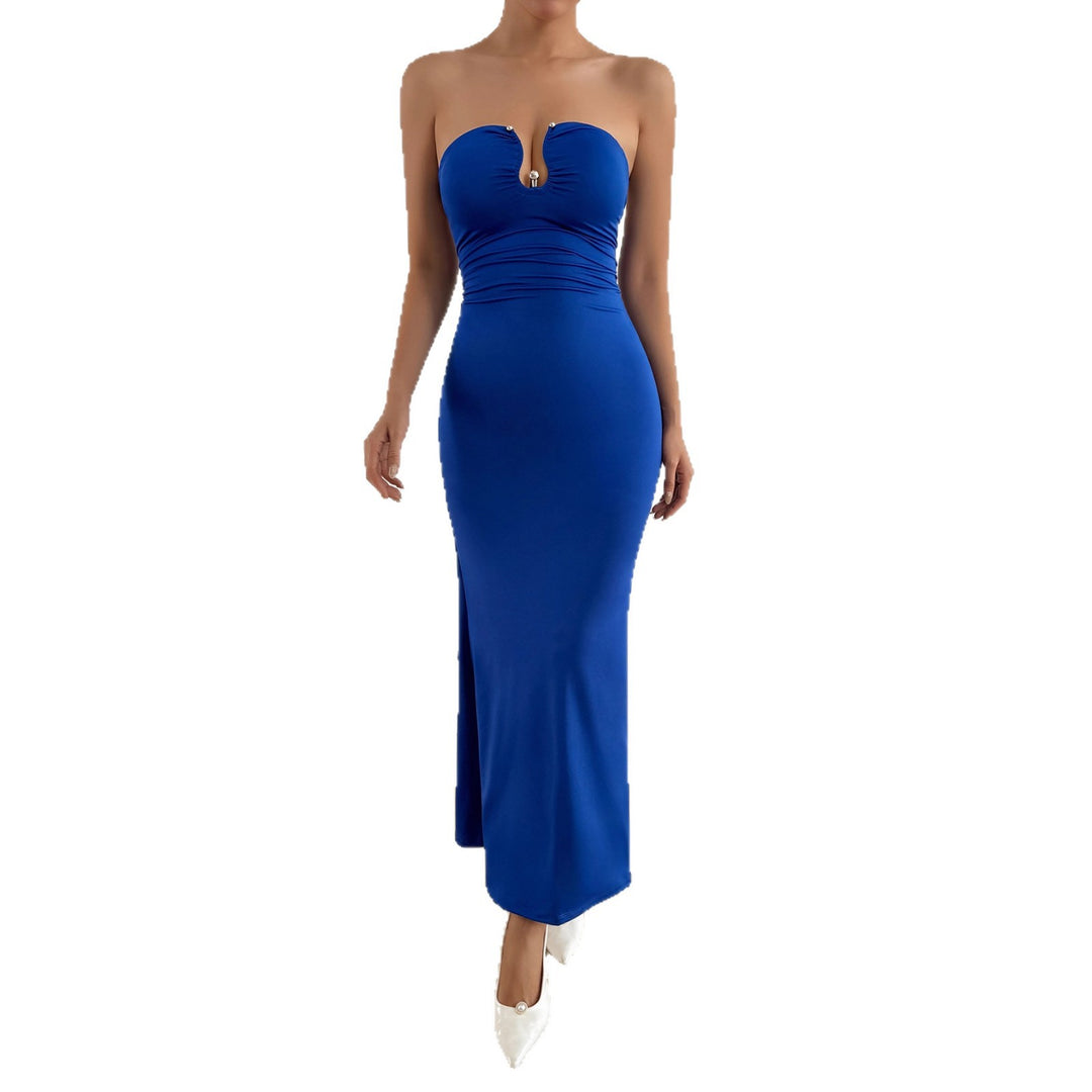 Ladies Elegant Strapless Maxi Dress with Sophisticated Keyhole Neckline and Figure-Flattering Cut Lune London
