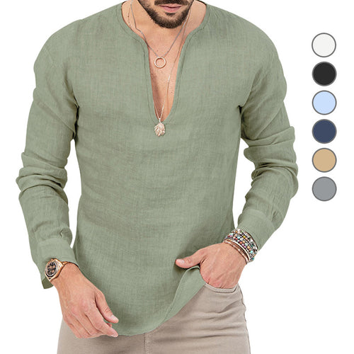 Lightweight long-sleeve shirt for men with deep round neckline and playful cut Amarae
