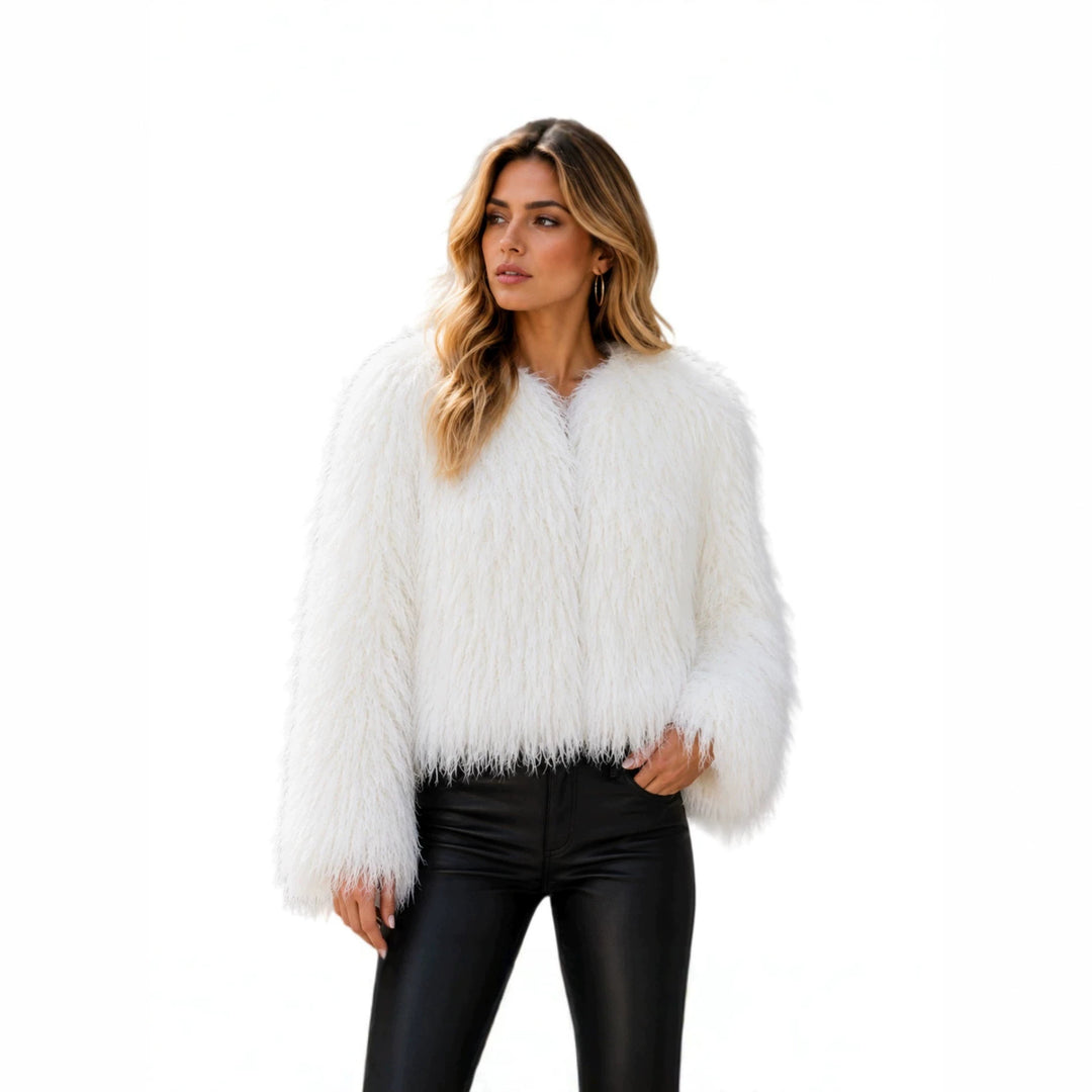 Women Short-Cut Shaggy Faux Fur Jacket with Round Neck, Extra Soft Long Hair and Casual Fit Amarae