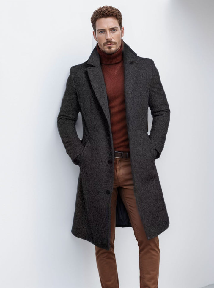 Elegant long coat for men with a textured premium material and practical pockets Amarae