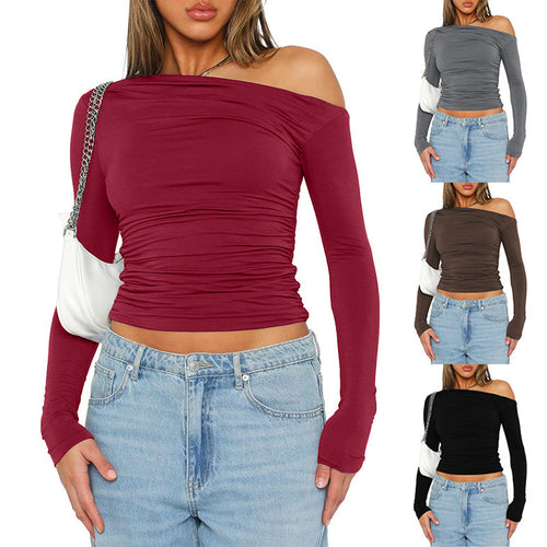 Fitted long sleeve t-shirt for women with asymmetric neckline and ruching Amarae