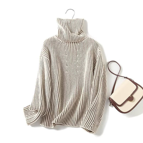 Comfortable knit sweater for women with high collar and modern stripes Amarae