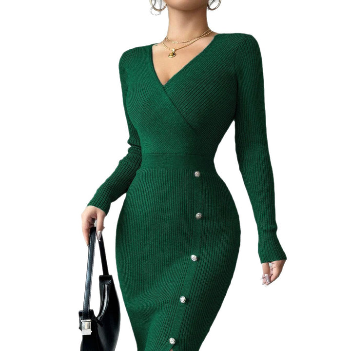 Women's knitted dress with wrap design and elegant button details Lune London