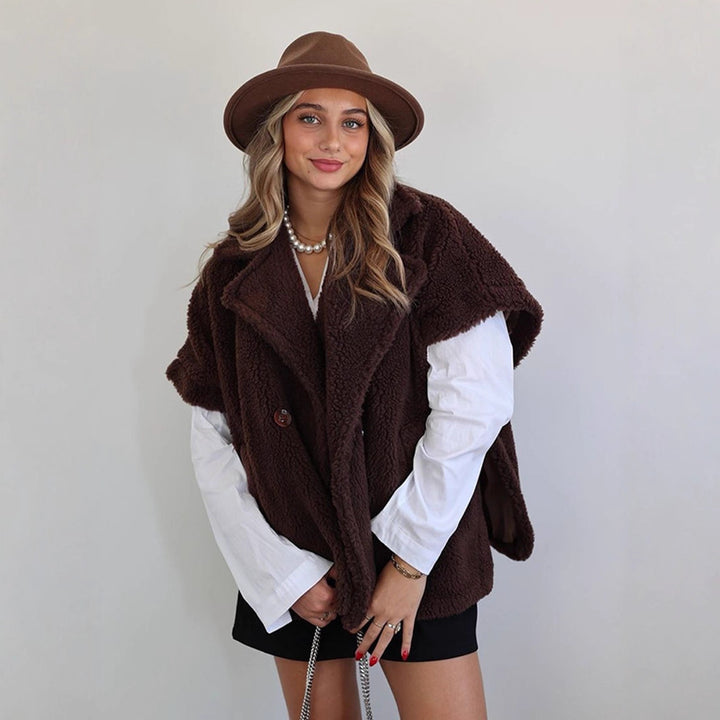 Women's Short Teddy Cape with Shawl Collar and Concealed Button Placket Amarae