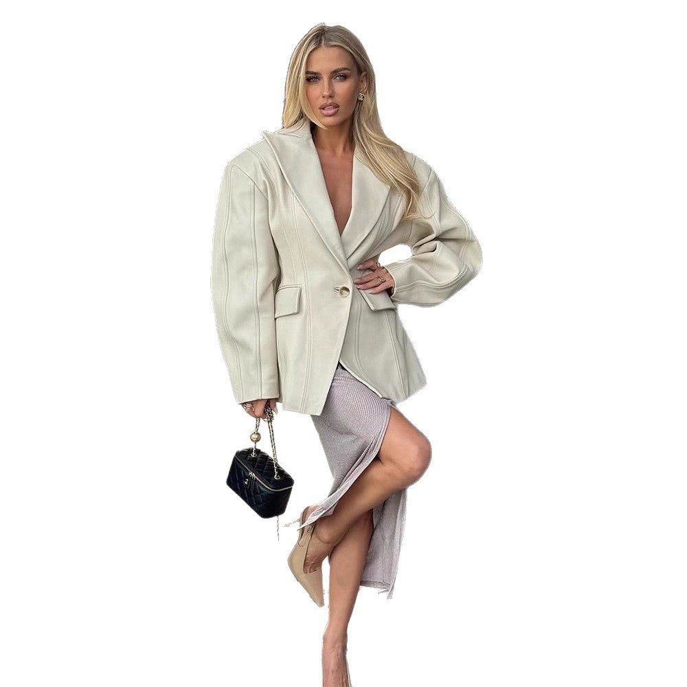 Women Tailored Faux Leather Blazer with Princess Seams and Structured Shoulder Amarae