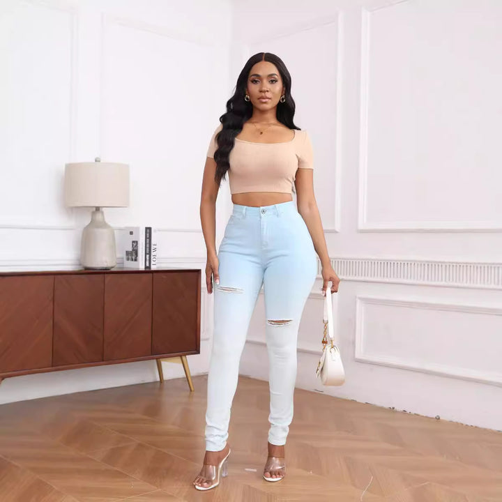 Jeans skinny pour femmes taille haute avec des détails de déchirure à la mode Lune London