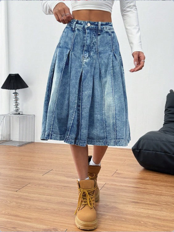 Ladies midi skirt made of denim with vintage wash, pleats and high waist Amarae