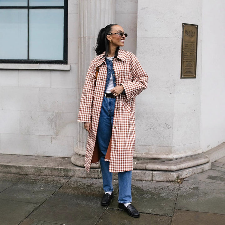 Women's Checked Midi Length Trench Coat with Turned-Up Cuffs Amarae