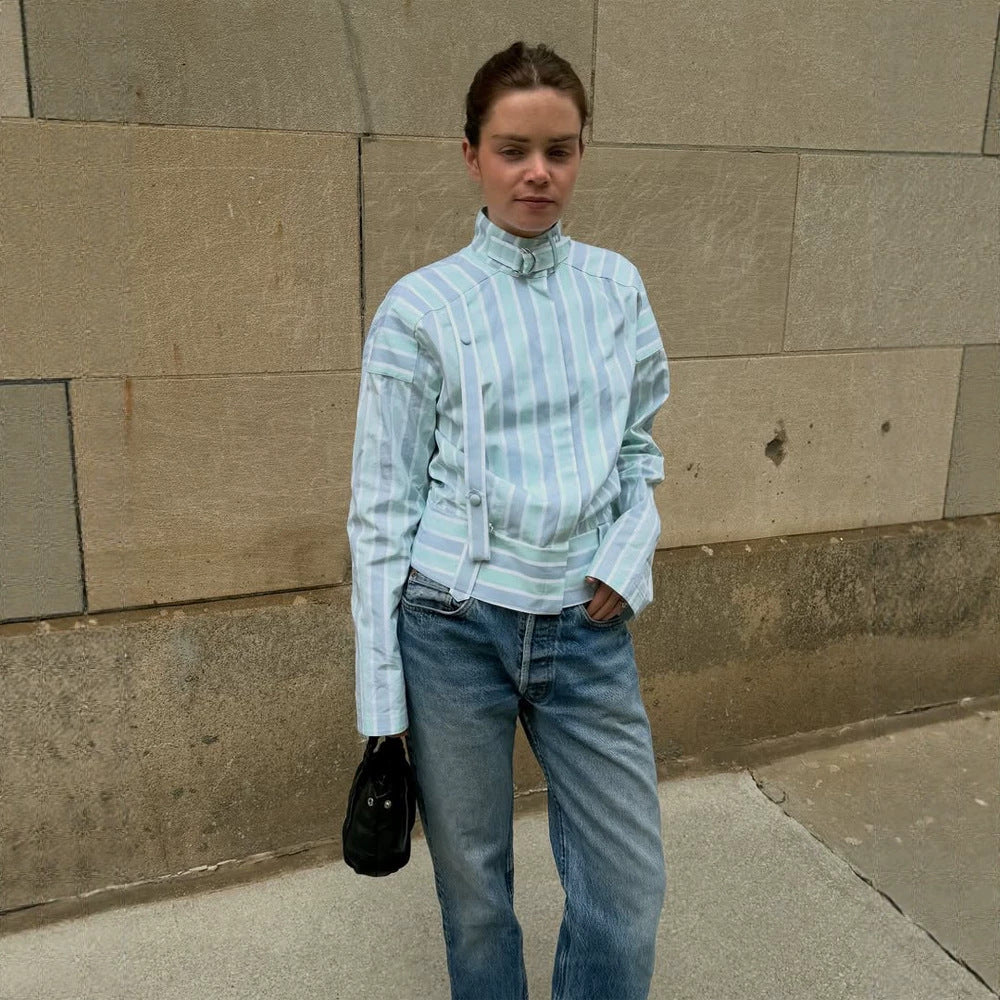 Women's Structured Blouse with Stand Collar, Waist Belt and Vertical Stripe Design Amarae