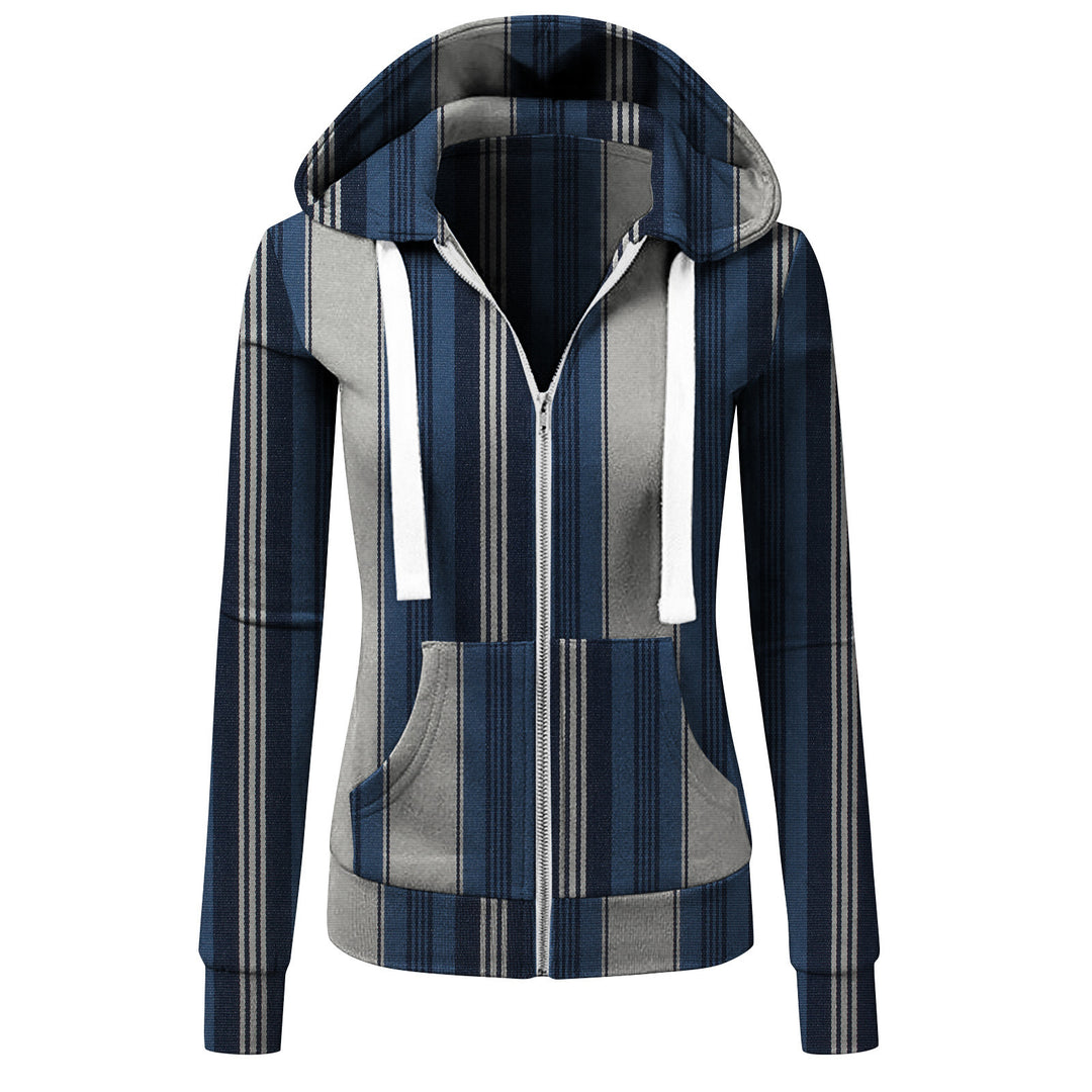 Women's Striped Hooded Jacket with Zipper, Kangaroo Pocket and Drawstring Amarae