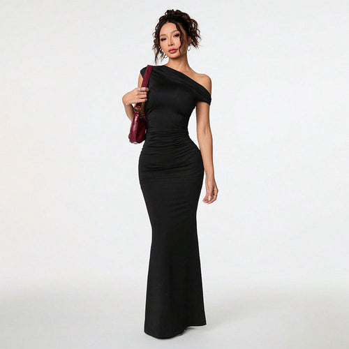 Women's Fitted Maxi Dress with Asymmetrical Neckline and Elegant Draping Amarae