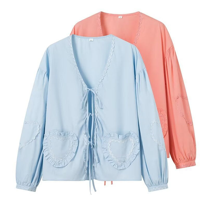Ladies Playful V-Neck Blouse with Ruffled Heart Pockets and Front Ties Amarae
