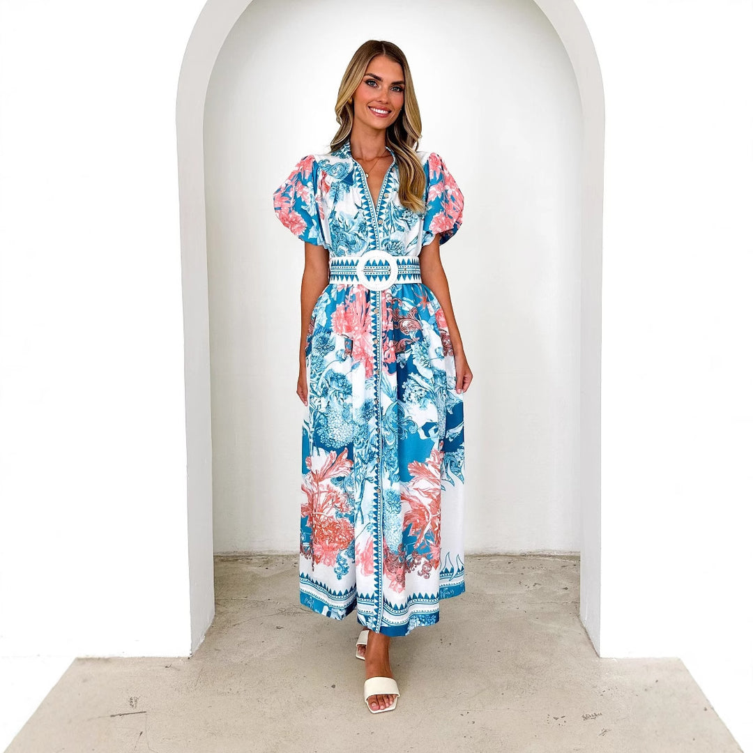 Women's maxi dress with voluminous puff sleeves and delicate floral pattern Lune London