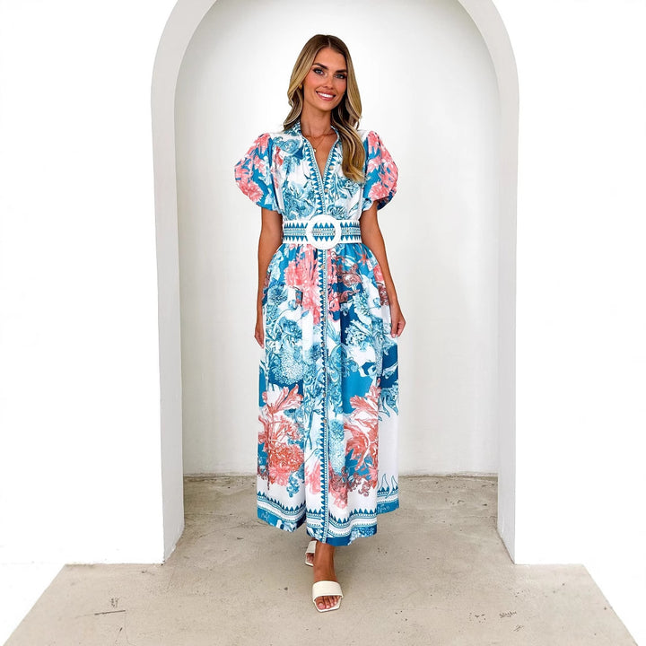 Women's maxi dress with voluminous puff sleeves and delicate floral pattern Lune London