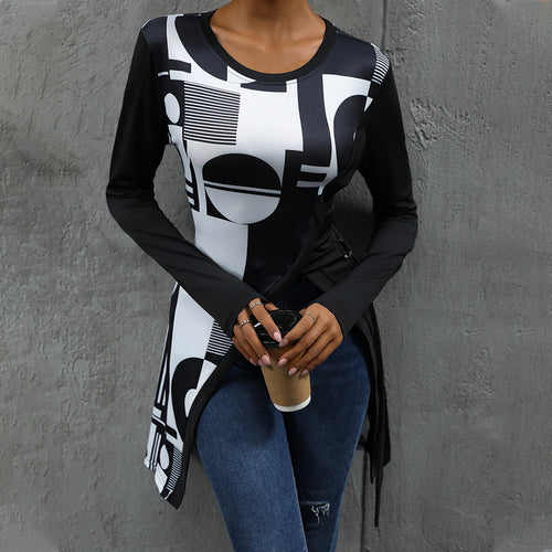 Ladies long modern t-shirt with geometric print and asymmetrical cut Amarae