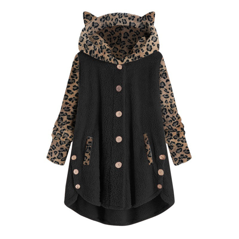 Women's teddy coat with hood, button placket, and contrasting leopard sleeves Amarae