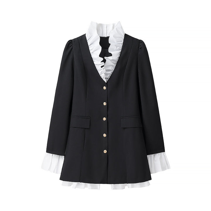 Fashionable blazer jacket for women with ruffle details and chic elegant buttons