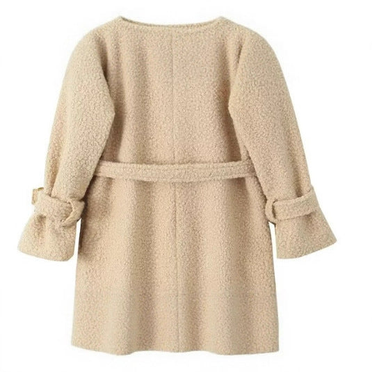 Women Long Teddy Coat in Trench Style with Double-Breasted Button Placket, Tied Belt, and Adjustable Cuffs Amarae