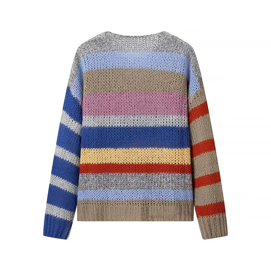 Women Oversize Knit Sweater in Mohair Look with Colorful Block Stripes Amarae