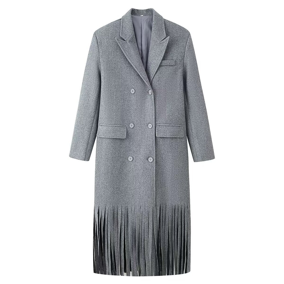 Women's Double-Breasted Wool Blend Coat with Fringe Hem and Draped Lapel Amarae