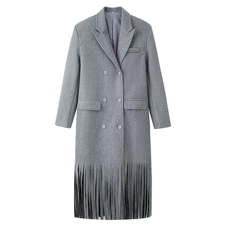 Women's Double-Breasted Wool Blend Coat with Fringe Hem and Draped Lapel Amarae