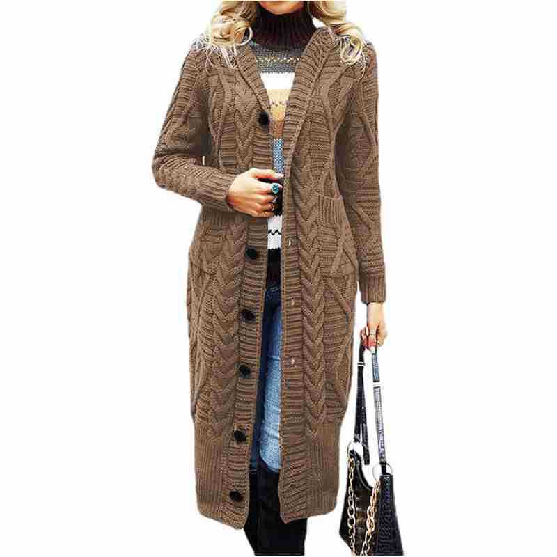 Ladies elegant knit coat with a deep V-neck and an elaborate cable pattern Lune London