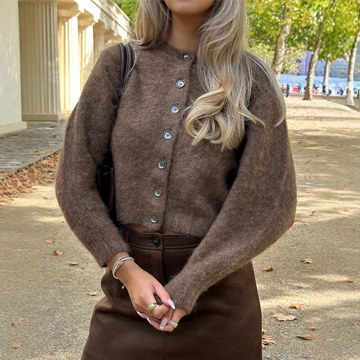 Women Fluffy Cropped Cardigan made of Mohair Mix with Pearl Button Placket Amarae