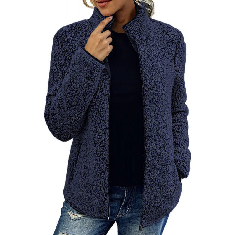 Women's Fluffy Fleece Jacket with High Collar and Side Pockets Lune London