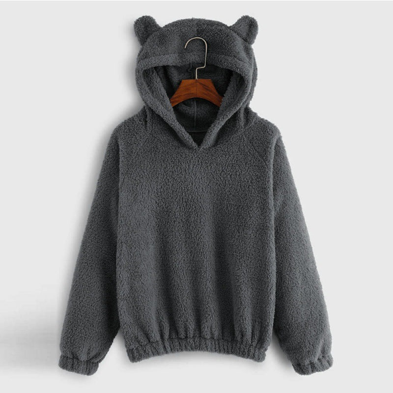 Women's Cozy Teddy Hooded Sweater with Bear Ears and Drawstring Hem Amarae