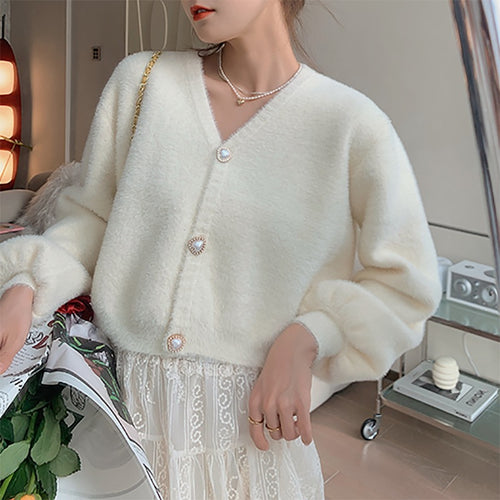 Cardigan V en Jouant pour Femmes avec Boutons en Forme de Cœur Chic & Stil