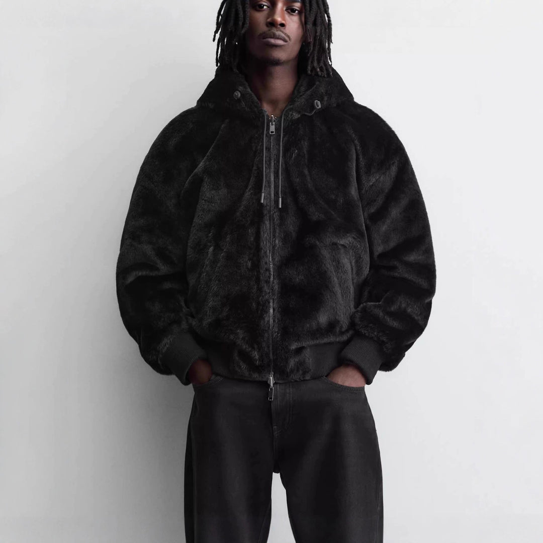 Men's teddy hoodie jacket with short cut, zipper and ribbed hem Amarae