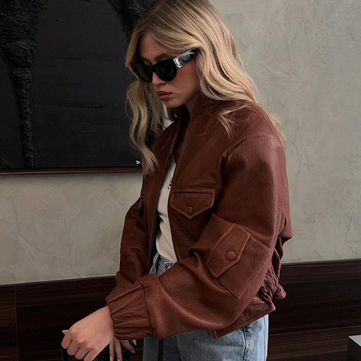 Fashionable synthetic leather jacket for women with unique pockets and elastic ribbed edge finishes Lune London