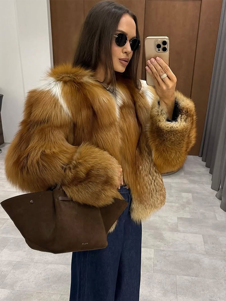 Women Boxy Short Coat in Multi-Layer Faux Fur Look with Voluminous Sleeves Amarae