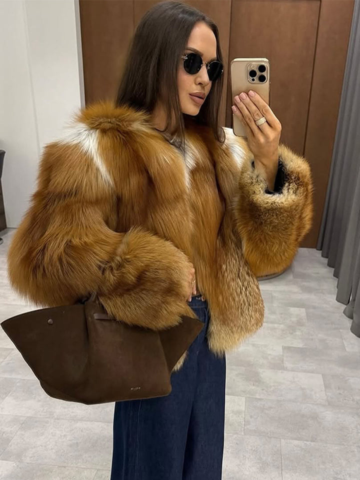 Women Boxy Short Coat in Multi-Layer Faux Fur Look with Voluminous Sleeves Amarae