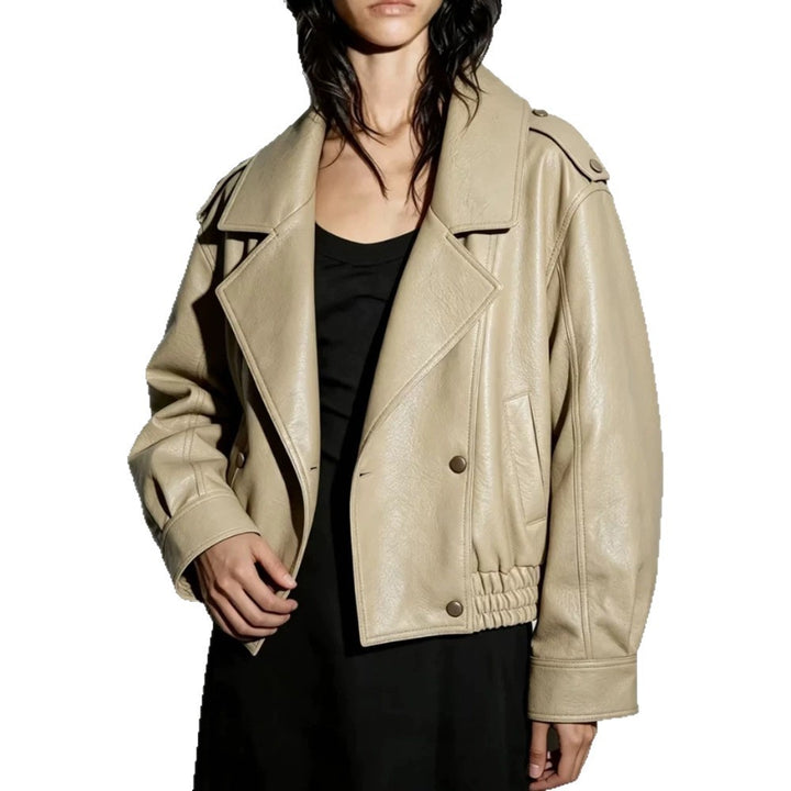 Women's Oversize Faux Leather Blouson with Double-Breasted Button Placket, Wide Lapels, and Elastic Hem Amarae