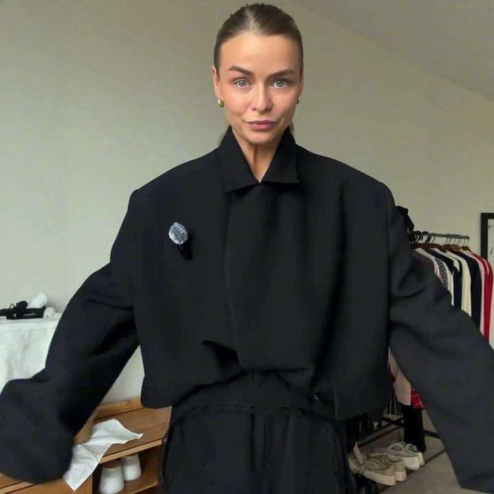 Women Asymmetric Cropped Boxy Jacket with High Stand Collar and Structured Shoulder Area Amarae