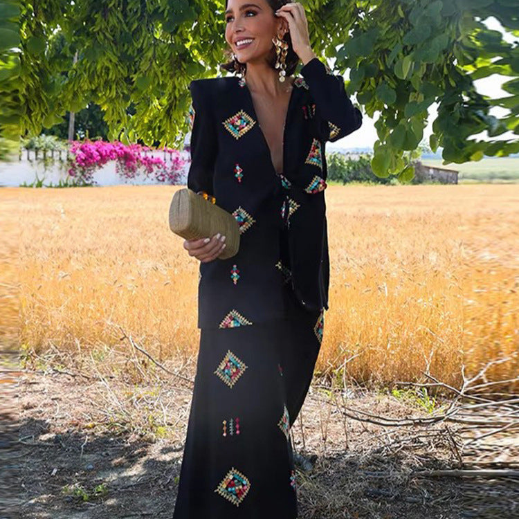 Women's Two-Piece Jacquard Suit with Waist Bow and Wide Leg Amarae