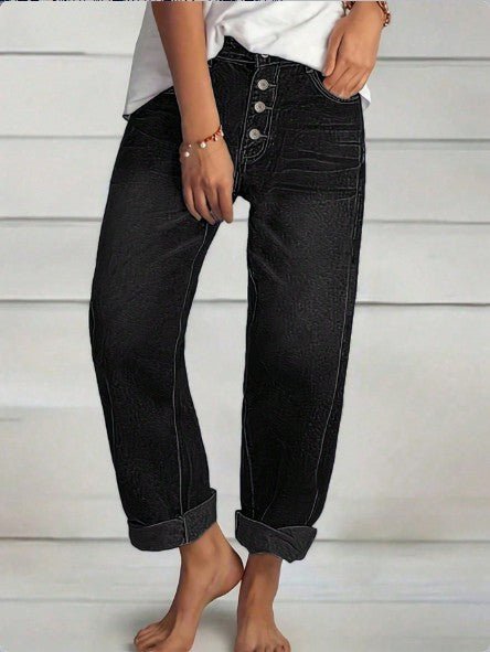 Ladies High-Waist Relaxed-Fit Jeans in Boyfriend Style with Visible Button Placket and Rolled Hem Amarae