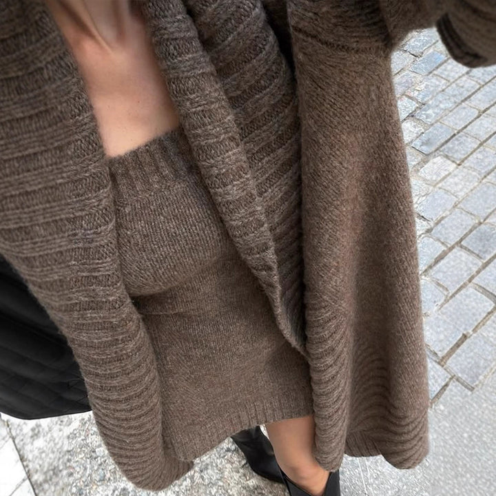Women's Knit Set Maxi Cardigan with Oversized Shawl Collar and Figure-Hugging Strap Dress Amarae