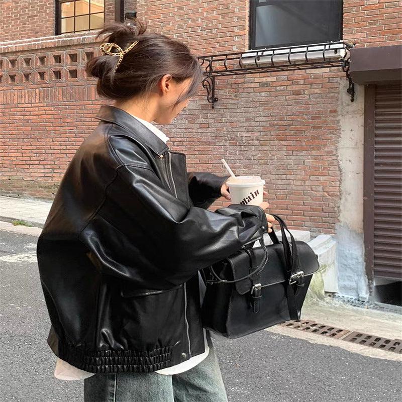 Women's Fashion Leather Jacket with Oversized Sleeves and Elastic Hem Chic & Stil