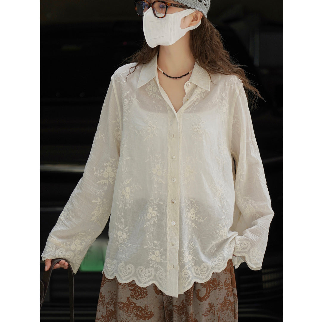 Women's finely embroidered sheer blouse with shirt collar and wavy hem Amarae