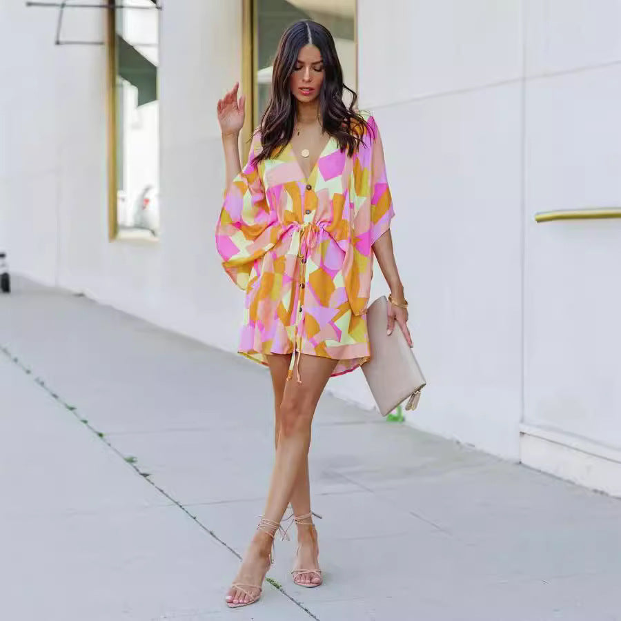 Shirt dress women with floral design and V-neck Lune London